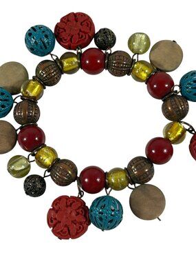 Boho Multicolor Beaded Charm Bracelet Red Gold Tone Wood Dangle Stretch